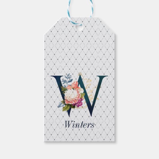 Navy Floral Monogram W Geschenkanhänger (Vorderseite)