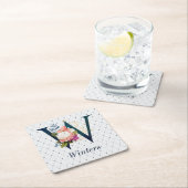 Navy Floral Monogram W Rechteckiger Pappuntersetzer (Vor Ort)