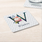 Navy Floral Monogram W Rechteckiger Pappuntersetzer (angewinkelt)