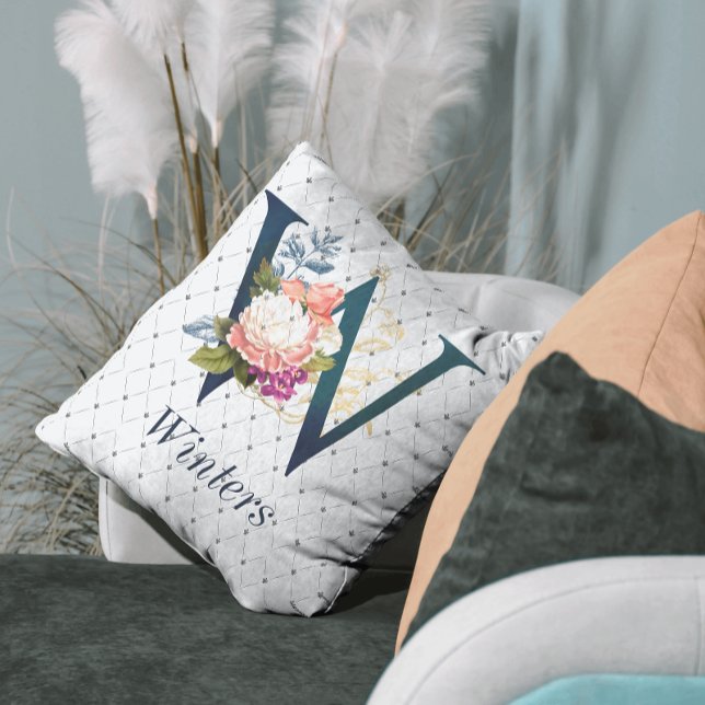 Navy Floral Monogram W Throw Pillow Kissen (Von Creator hochgeladen)