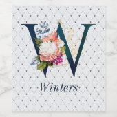 Navy Floral Monogram W Weinetikett (Einzelnes Label)
