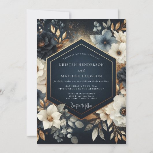Navy Floral Opulent Wedding Einladung (Vorderseite)