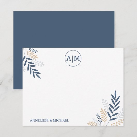 Navy Floral Personalize und Monogram Mitteilungskarte (Vorne/Hinten)