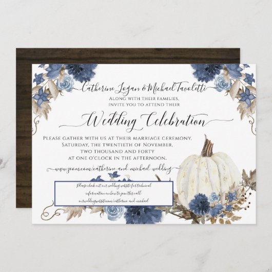 Navy Floral Pumpkin Rustic Wedding Celebration Einladung (Vorne/Hinten)