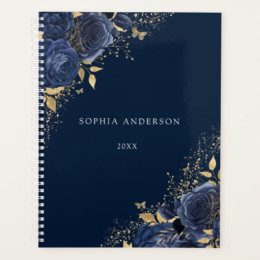Navy Floral Rose Gold Leaf Personal Work Planer (Vorderseite)