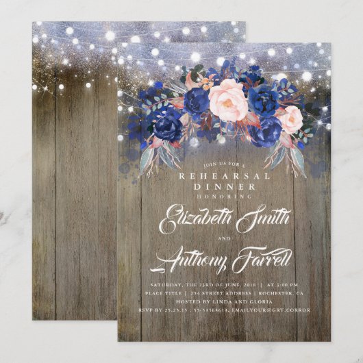 Navy Floral Rustic Probe Dinner Einladung (Vorne/Hinten)