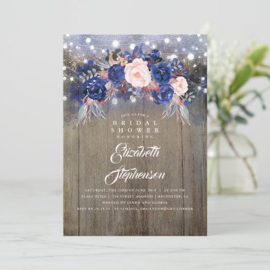 Navy Floral Rustikales Brautparty Einladung (Stehend Vorderseite)