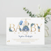 Navy Floral Safari Tiere mit Babydusche Einladung (Stehend Vorderseite)