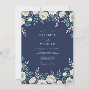 Navy Floral Scroll Romantik-Hochzeit Einladung