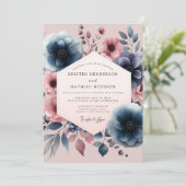 Navy Floral Vintage Romance Wedding Einladung (Stehend Vorderseite)