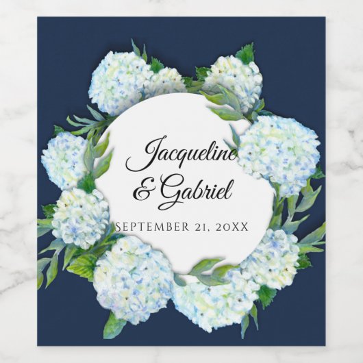 Navy Floral White Hydrangea Elegante Rustikale Hoc Weinetikett (Einzelnes Label)