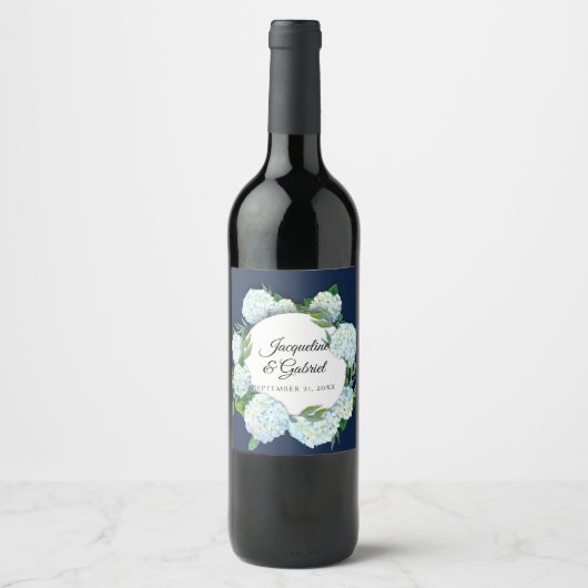 Navy Floral White Hydrangea Elegante Rustikale Hoc Weinetikett (Vorderseite)