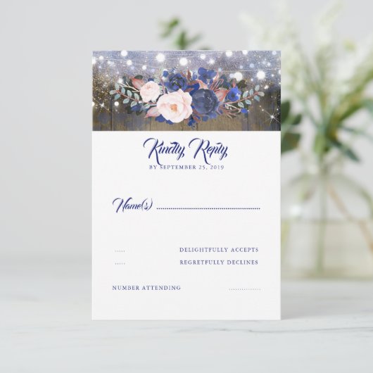 Navy Florals Rustic Wedding RSVP Karte (Stehend Vorderseite)