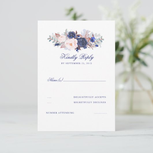 Navy Florals Wedding RSVP (Stehend Vorderseite)