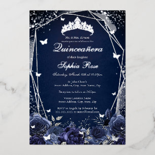 Navy Flower Tiara Silber Quinceanera Folieneinladung