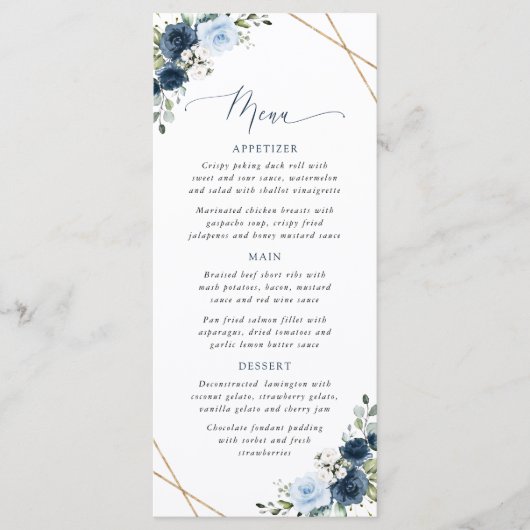 Navy Flowers, Blue Flowers, Bridal Shower Menu Menükarte (Vorderseite)