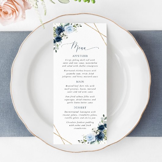 Navy Flowers, Blue Flowers, Bridal Shower Menu Menükarte