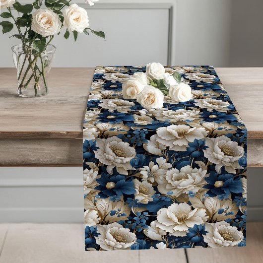 Navy Flowers Ivory Dining Table Runner Großer Tischläufer