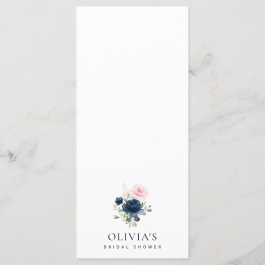 Navy Flowers, Pink Flowers, Bridal Shower Menu Menükarte (Rückseite)