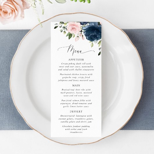 Navy Flowers, Pink Flowers, Bridal Shower Menu Menükarte