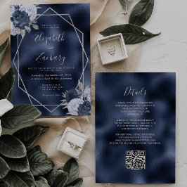 Navy Foil Dusty Blue Silver Floral QR Code Hochzei Einladung