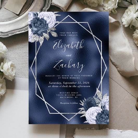 Navy Foil Dusty Blue Silver Floral Wedding Einladung