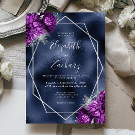 Navy Foil Lila Silver Floral Wedding Einladung