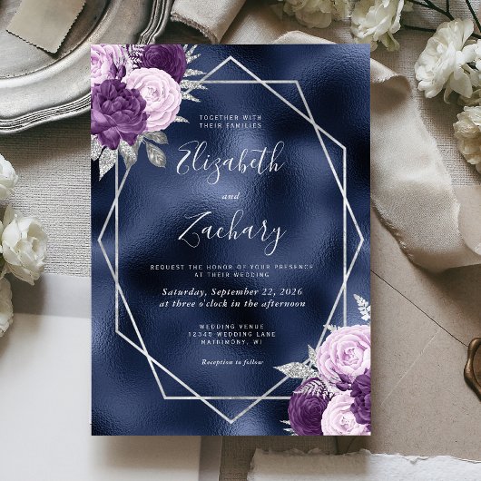 Navy Foil Lilac Lila Silver Floral Wedding Einladung