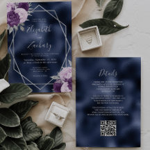 Navy Foil Lilac Silver Floral QR Code Hochzeit