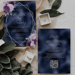 Navy Foil Lilac Silver Floral QR Code Hochzeit Einladung