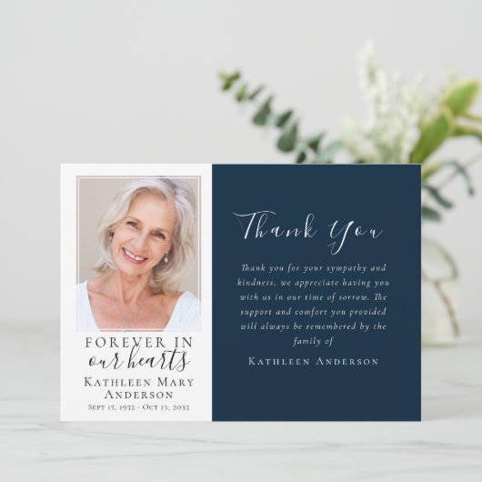 Navy Forever in Our Hearts Foto Beerdigung Dankeskarte (Stehend Vorderseite)