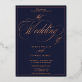 Navy Foto Drehbuch Rand Hochzeit Rose Gold Folieneinladung (Vorderseite)