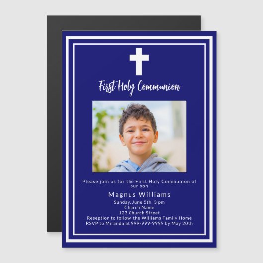Navy Foto Junge Erste Heilige Kommune Magneteinladung (Vorne/Hinten)