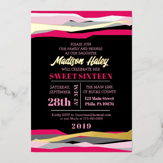 Navy Fuchsia 16 . Geburtstag 16 Einladung Rose Gol (Vorderseite)