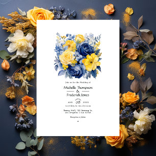 Navy, Gelb und Blaue Florale Hochzeit Einladung