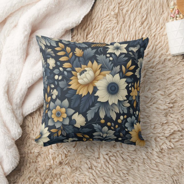 Navy, gelb und grau Blumenmuster Kissen (Decke)