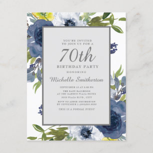 Navy Gelb Weiße Blumenblätter 70. Geburtstag Einladung