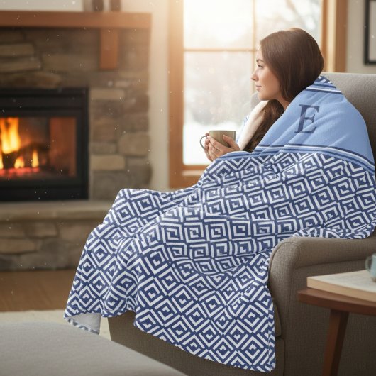 Navy Geometric Chevron Monogram Design Fleecedecke