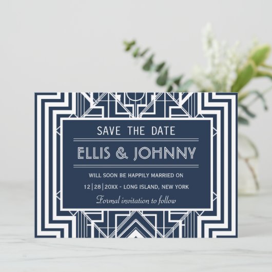 Navy Geometric speichert die Datumskarten Save The Date (Stehend Vorderseite)