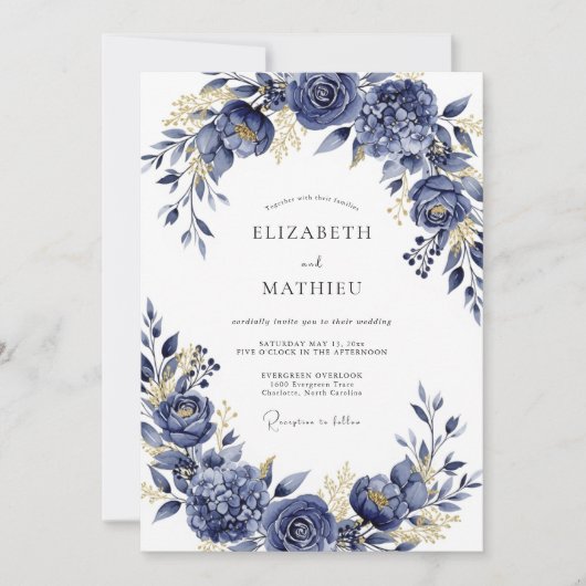 Navy Gilded Bloom Romance Wedding Einladung (Vorderseite)