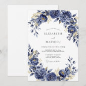 Navy Gilded Bloom Romance Wedding Einladung (Vorne/Hinten)