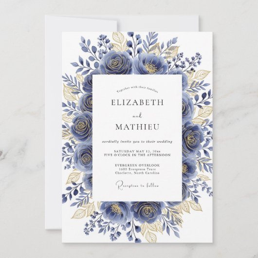 Navy Gilded Bloom Romantic Wedding Einladung (Vorderseite)