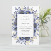 Navy Gilded Bloom Romantic Wedding Einladung (Stehend Vorderseite)