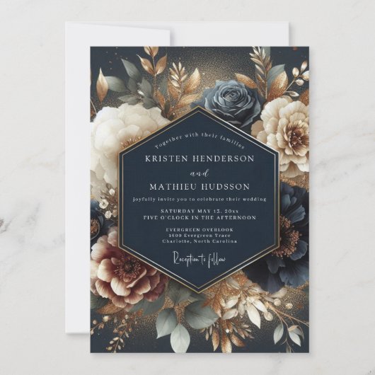Navy Gilded Bloom Wedding Einladung (Vorderseite)