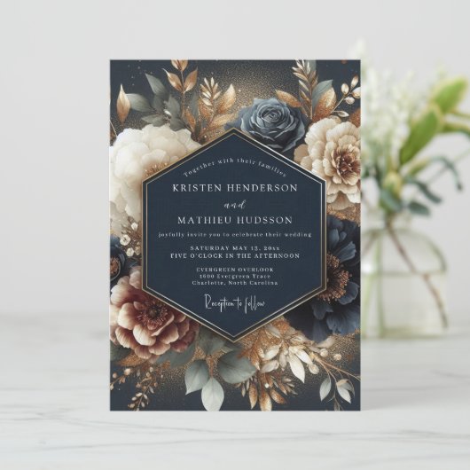 Navy Gilded Bloom Wedding Einladung (Stehend Vorderseite)