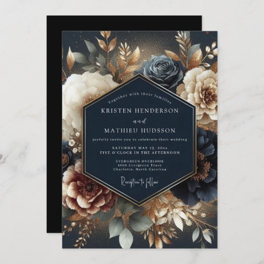 Navy Gilded Bloom Wedding Einladung (Vorne/Hinten)