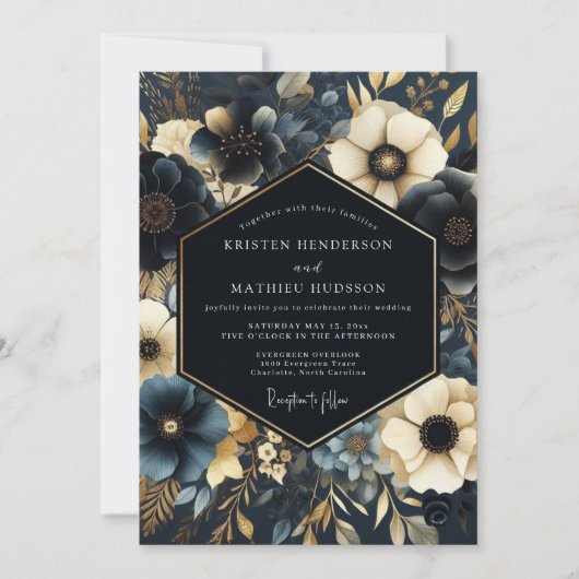 Navy Gilded Floral Wedding Einladung (Vorderseite)