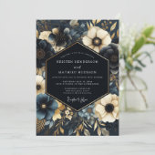 Navy Gilded Floral Wedding Einladung (Stehend Vorderseite)