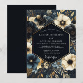 Navy Gilded Floral Wedding Einladung (Vorne/Hinten)