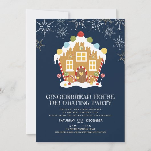 Navy Gingerbread House Decoration Party Einladung (Vorderseite)